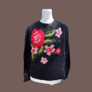 Jessica Simpson Floral Sweater | Black Knit Pullover | Size M | Vintage